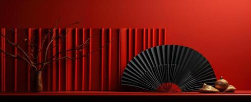 AI generated two red folded fan book covers and red wall, photo