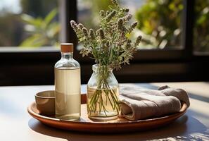 AI generated two bottles of homemade essential oils and a plant on a platter, photo