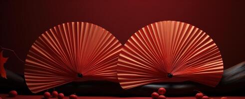 AI generated two iridescent red fan models lying on a red background, photo