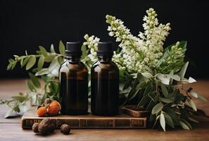 AI generated two bottles of homemade essential oils and a plant on a platter, photo