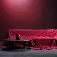 AI generated table with a blanket on a table with red background, photo