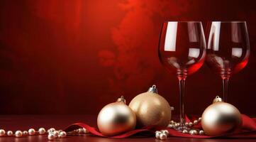 AI generated two wine glasses and gift on a red background, photo