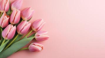 AI generated tulip flower on pastel background with copy space photo