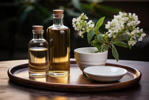 AI generated two bottles of homemade essential oils and a plant on a platter, photo