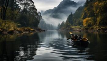 ai generado solo persona pescar en un pequeño barco en un pacífico lago, foto