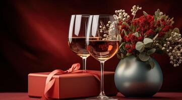 AI generated two wine glasses and gift on a red background, photo