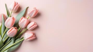AI generated tulip flower on pastel background with copy space photo