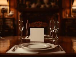 AI generated Cinematic elegant dinner set with mock-up white list near by the plate. High quality. AI Generative photo