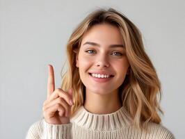 AI generated A young smiling blonde woman with indicating index finger on the space banner. High quality. AI Generative photo