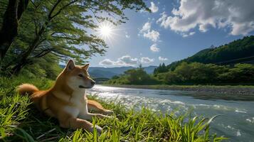 AI generated A relaxed happy dog on the grass near the river under the sun. Summer time. High quality. AI Generative photo