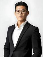 ai generado corporativo imagen foto de asiático hombre en lentes en negro traje aislado. alto calidad. ai generativo