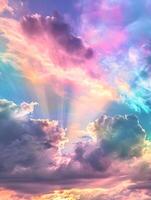 AI generated Assorted intensely iridescent rainbow-chromed clouds with sunbeams in the colors of the rainbow. High-resolution. AI Generative photo