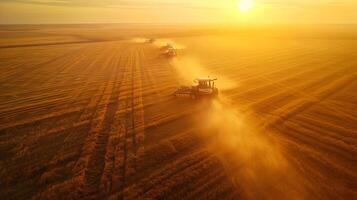 AI generated Harvesting mature rice with a large number of modern combine harvesters. High-resolution. AI Generative photo