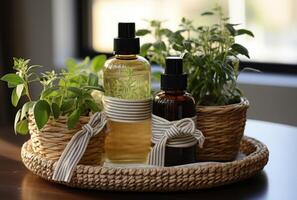 AI generated two bottles of homemade essential oils and a plant on a platter, photo