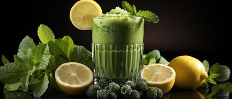 AI generated this smoothie is surrounded by lemon grass and green leafy vegetables, photo