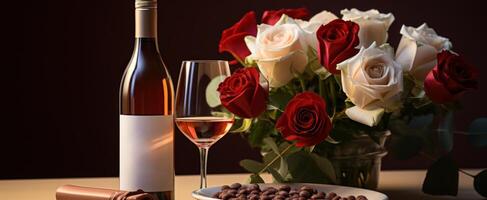 ai generado San Valentín martes hermosa romántico chocolates rojo rosa, rojo vino botella y caja, foto