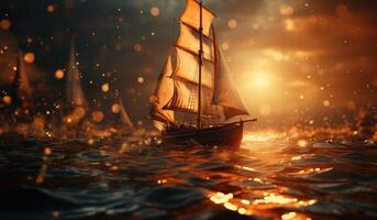 AI generated sun rays and sailboat sunlit in the sea, photo