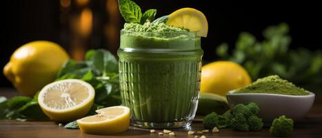 AI generated this smoothie is surrounded by lemon grass and green leafy vegetables, photo