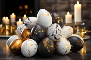 AI generated whites, blacks, golds and candles for easter egg decorating, photo