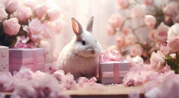 AI generated the present is surrounded by pink flowers, photo