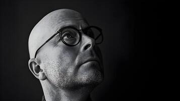 AI generated A bald man in specs minimalism. Stylish businessman black and white photo on a dark background. High-resolution. AI Generative