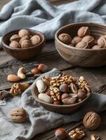 AI generated A lifestyle stylish photography of nuts on the wooden board. High-resolution. AI Generative photo
