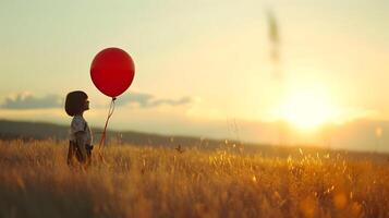 ai generado un realista puesta de sol foto de el niño con un rojo globo en el campo en el azul cielo antecedentes. alto calidad. ai generativo