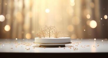 AI generated white cake with trees in the white plate photo