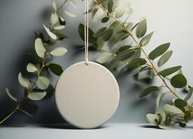 AI generated white round tag with eucalyptus leaves on a gray coloured surface photo