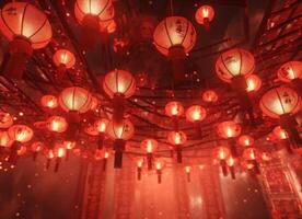 AI generated traditional chinese lanterns to celebrate new year on an abstract red background with sparkles photo