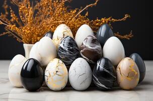 ai generado ropa blanca, negros, oros y velas para Pascua de Resurrección huevo decorando, foto