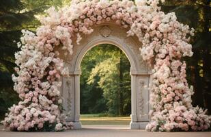 AI generated white and pink garden arch wedding photo