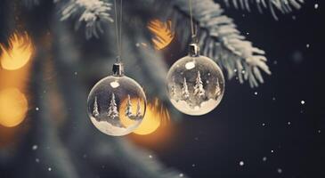 AI generated two snow topped christmas ornaments hang from a fir tree, photo