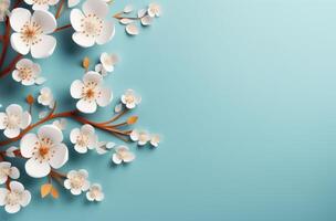 AI generated white cherry blossom on blue background spring background, photo