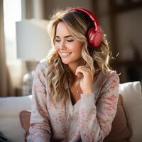 ai generado mujer en Navidad suéter escuchando a música con auriculares, foto