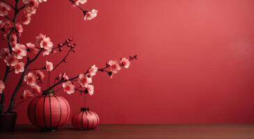 AI generated two Chinese lanterns on a red wall with pink flower decoration photo