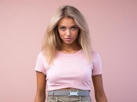 AI generated young woman wearing pink colored shirt, shorts, pants and belt on pink background photo