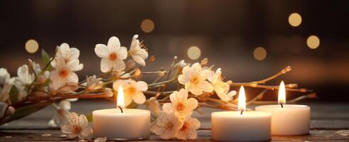 ai generado dos velas con florecer flor en mesa con bokeh foto