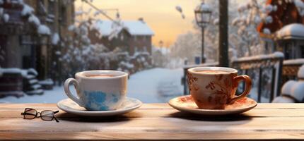 AI generated two coffee glasses are leaning against a wooden bench, facing the snow photo