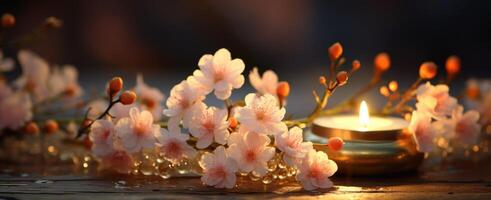 AI generated two candles with blossom flower on table with bokeh photo