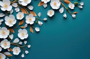 AI generated white cherry blossom on blue background spring background, photo