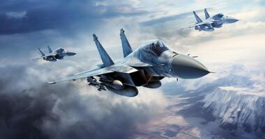 AI generated three fighter jets and squat wings with smoke flying in the sky, photo