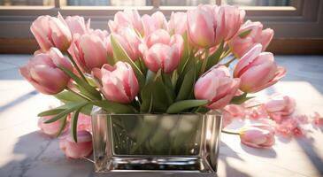 AI generated tulips in a square vase on some cement photo