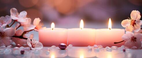 ai generado dos velas en un blanco mesa con flor pétalos foto