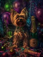 AI generated Yorkshire Terrier with champagne bottle and champagne glasses on confetti celebration background. High quality. AI Generative photo