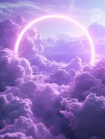 AI generated Vertical background of simple puffy light purple clouds with a neon circle in the center. High-resolution. AI Generative photo