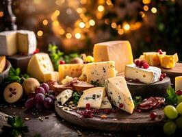 AI generated Different types of cheese with grapes food commercial photo. High quality. AI Generative photo