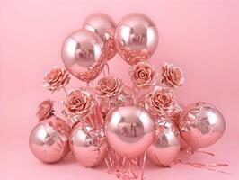 AI generated Rose gold foil balloons with flying roses pink background. High-resolution. AI Generative photo