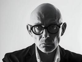 AI generated A bald old man in specs minimalism. Stylish businessman black and white photo watching into the camera. High-resolution. AI Generative