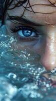 AI generated Blue female eyes look out of the water. Close-up woman portrait. High quality. AI Generative photo
